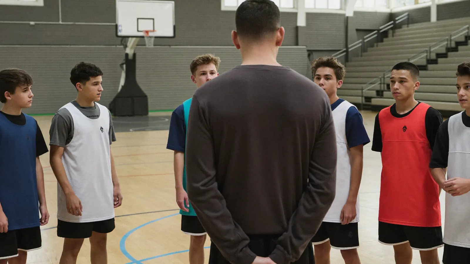 Allenatore di basket che spiega uno schema tattico a un gruppo di ragazzi seduti in cerchio su un parquet, canestro sullo sfondo