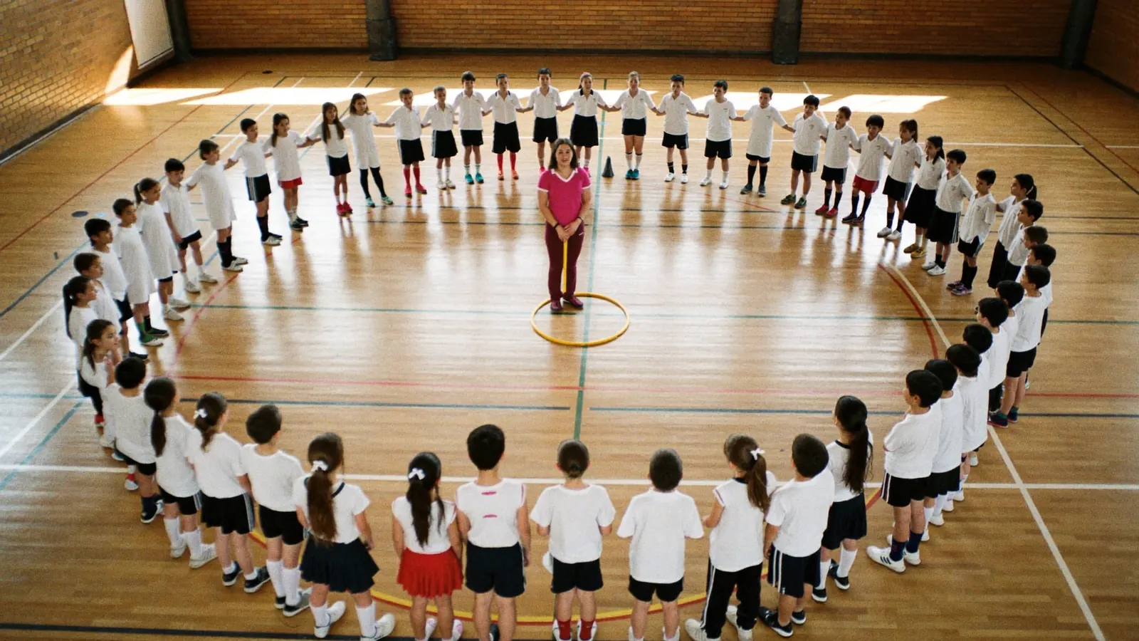 Educatore sportivo accovacciato che spiega un gioco motorio a un gruppo di bambini in una palestra scolastica luminosa