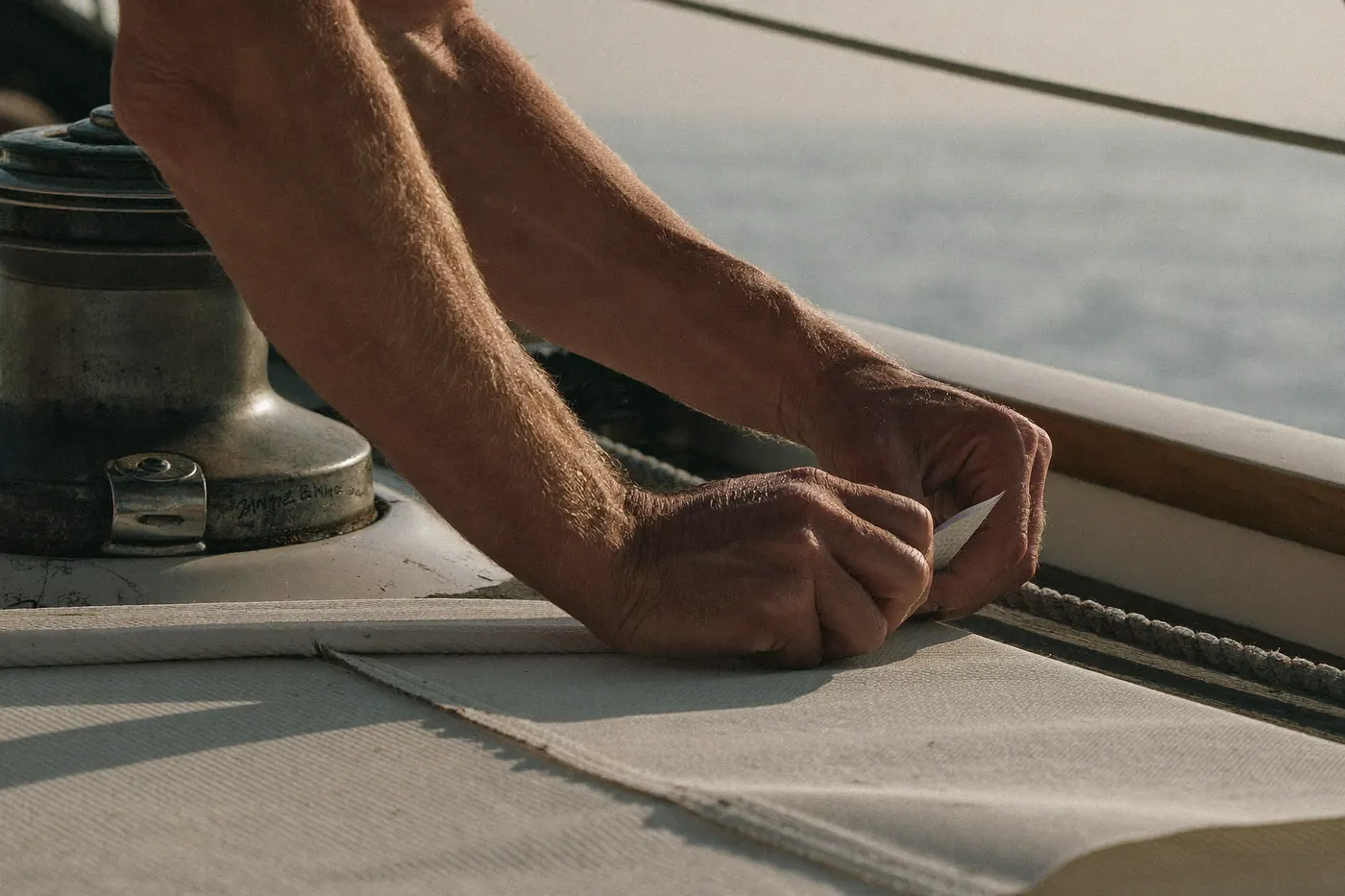 Mani che regolano una scotta su una barca a vela, dettaglio ravvicinato con il mare sfocato sullo sfondo