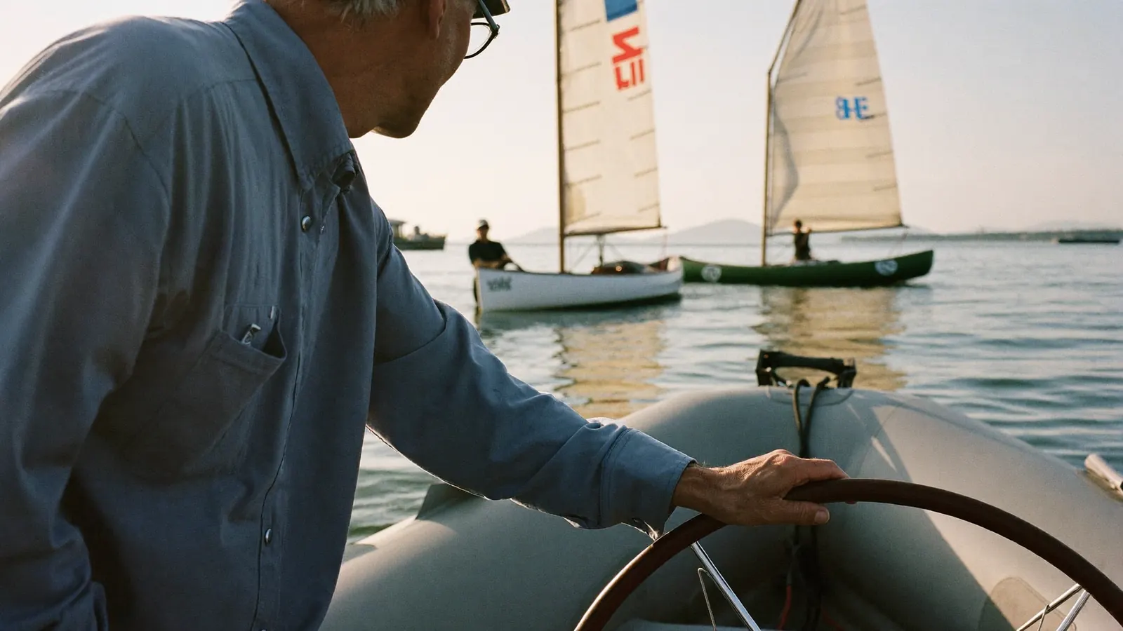 Istruttore in piedi su un gommone di appoggio che segue due allievi adulti su derive a vela, acqua calma e luce dorata del mattino