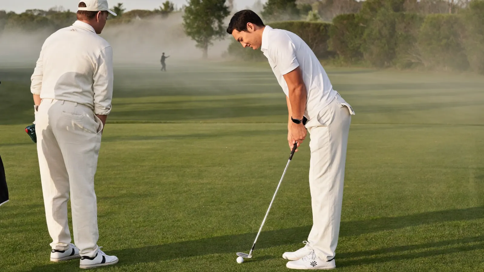 Maestro di golf che osserva lo swing di un allievo adulto su un campo pratica all'alba